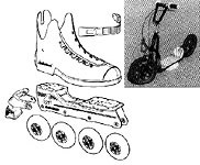 Inline skate boots and scooter wheels.
