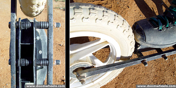 Close up view of the Doomwheels kiteskate boot mount.